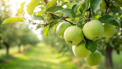 Green Apple on tree in garden, Green Apple hanging on tree in natural warm sunlight view