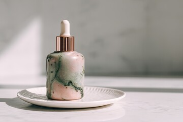Rose-pink and green marbled glass dropper bottle with rose gold accents sits on a white plate against a marble background, bathed in sunlight