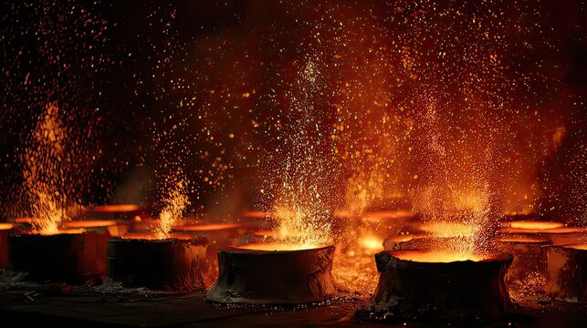 Molten Metal Pouring from Crucibles in a Dark Workshop, Sparks Flying and Glowing Embers Creating an Intense Atmosphere