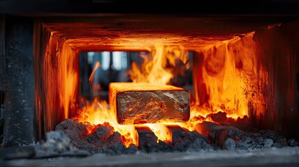 Hot Metal Block in a Forge Surrounded by Intense Flames and Glowing Ember Sparks for Industrial Use