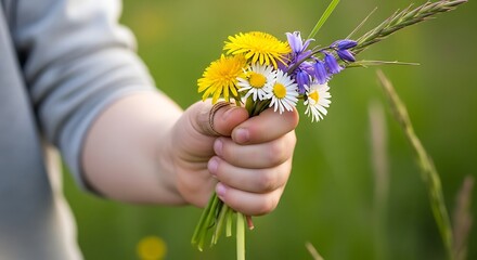 Child's Hand Holding a Small Bouquet of Wildflowers on a Sunny Meadow Background