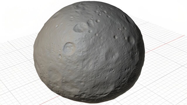 This image shows the protoplanet 4 Vesta, a large asteroid located in the asteroid belt. Its shape is irregularly oblate, not perfectly spherical, and its surface is heavily cratered.