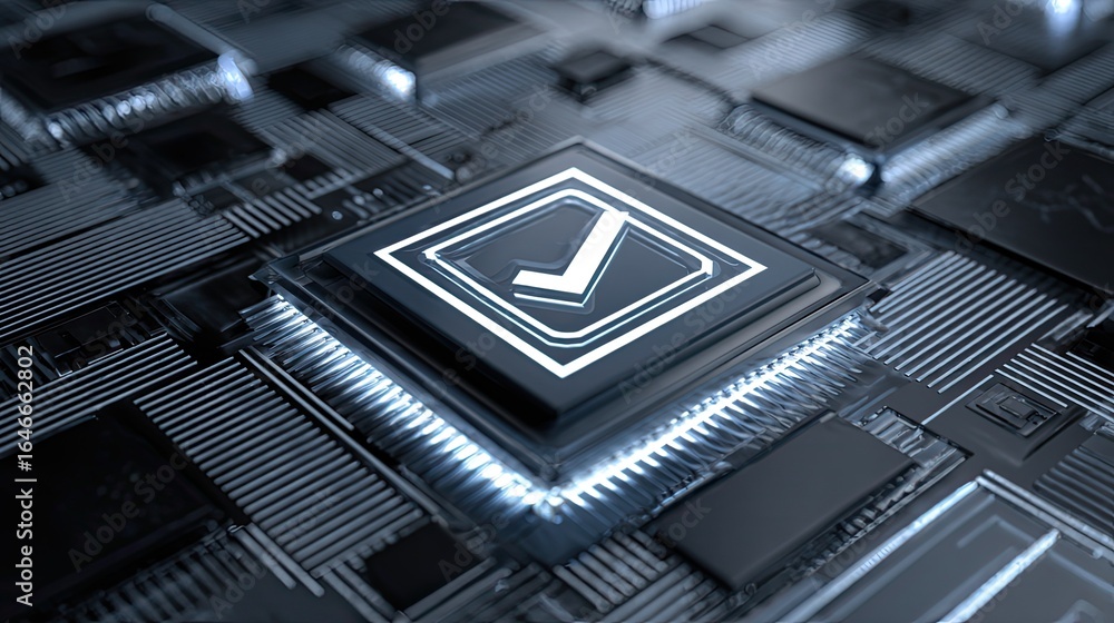 Aufkleber glowing checkmark symbol illuminated on futuristic circuit board signifying approval, validation, an