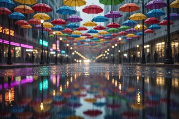 A vibrant array of colorful umbrellas, their saturated hues blending in gradient patterns, floats above a rain-soaked city street at dusk, their reflection