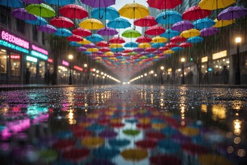 A vibrant array of colorful umbrellas, their saturated hues blending in gradient patterns, floats above a rain-soaked city street at dusk, their reflection