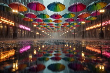 A vibrant array of colorful umbrellas, their saturated hues blending in gradient patterns, floats above a rain-soaked city street at dusk, their reflection