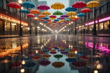 A vibrant array of colorful umbrellas, their saturated hues blending in gradient patterns, floats above a rain-soaked city street at dusk, their reflection