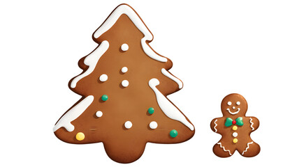 Two gingerbread cookies, one in the shape of a Christmas tree and the other in the shape of a gingerbread man. Decorated with icing.