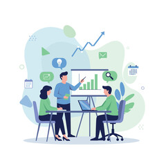 Team brainstorming business strategy, presenting data growth, collaborative meeting.