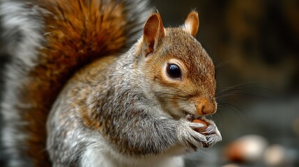 Obraz premium Close-up of a grey squirrel nibbling on a nut, showcasing its fluffy tail and bright eyes.