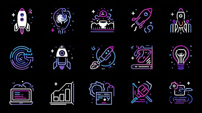 Dynamic collection of modern business and innovation icons featuring rockets, lightbulbs, charts, and laptops in vibrant neon colors, perfect for tech startups and creative projects.