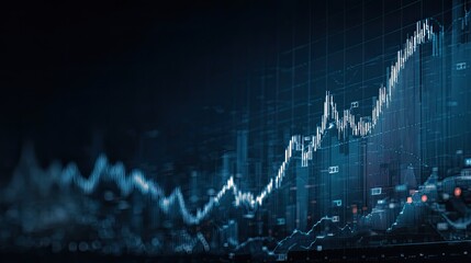 Dynamic financial market graph showcasing upward trend and economic growth with abstract digital cityscape backdrop, symbolizing investment success and future prosperity