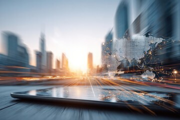 Global connectivity concept, tablet in urban setting.  World map overlaid on tablet screen, fast-moving cityscape