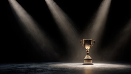 A golden trophy sits center stage, illuminated by three spotlights in a dark, smoky environment.  The base rests on a textured, dark surface