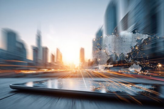 Global connectivity concept, tablet in urban setting.  World map overlaid on tablet screen, fast-moving cityscape