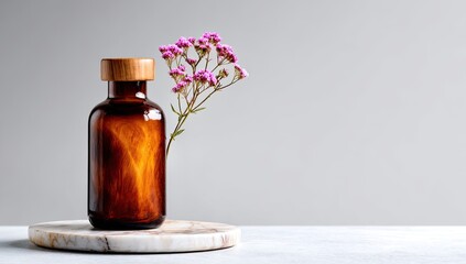 Amber glass bottle with wooden cap, containing a light-colored liquid, rests on a marble coaster next to a sprig of small pink flowers against a neutral background