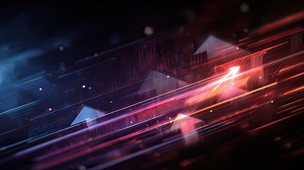 Dynamic digital arrows surge forward with glowing lines and binary code representing technological advancement and future growth