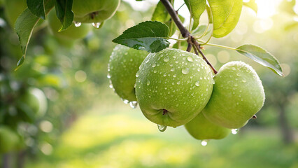 Green Apple on tree with water drop in garden, Green Apple hanging on tree in natural view