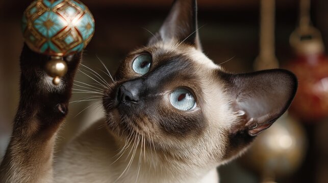 A curious Siamese cat explores a colorful ornament with striking blue eyes. - Powered by Adobe