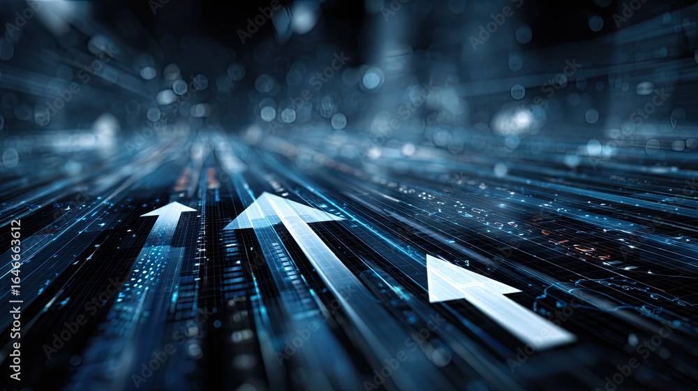 Poster dynamic blue arrows surge forward on a futuristic data stream, symbolizing rapid progress and techno