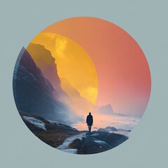Solitary figure walks coastal path at dawn, framed by a circular, layered sunset over misty mountains and icy shoreline