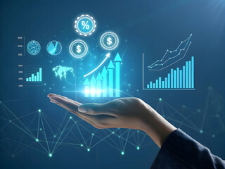 Human hand displaying glowing blue financial charts graphs and currency symbols on a dark blue digital background