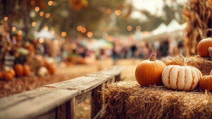 Autumn Daze Festival, row of pumpkins and hay bales along a wooden fence, blurred festival in background