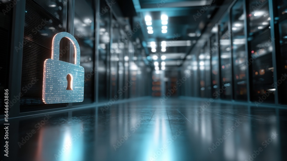 Aufkleber secured data center: a digital padlock hovers, symbolizing robust data security within a modern serv