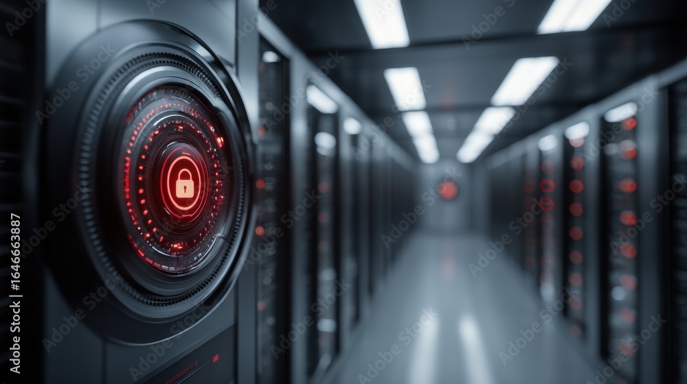 Poster data center security: a futuristic depiction of a data center hallway with rows of servers, security