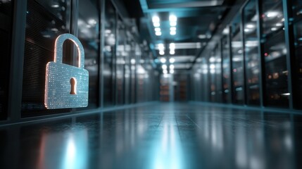 Secured Data Center: A digital padlock hovers, symbolizing robust data security within a modern server room. The image conveys protection, privacy, and the critical nature of cybersecurity