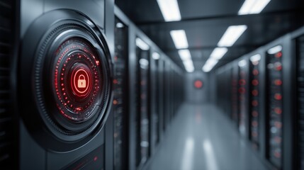 Data center Security: A futuristic depiction of a data center hallway with rows of servers, security lock, highlighting data protection and the digital realm.
