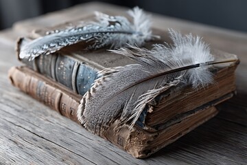 A pile of old, hardbound books with two feathers lying on wood, highlighting historical literary artifacts and their nostalgic charm.
