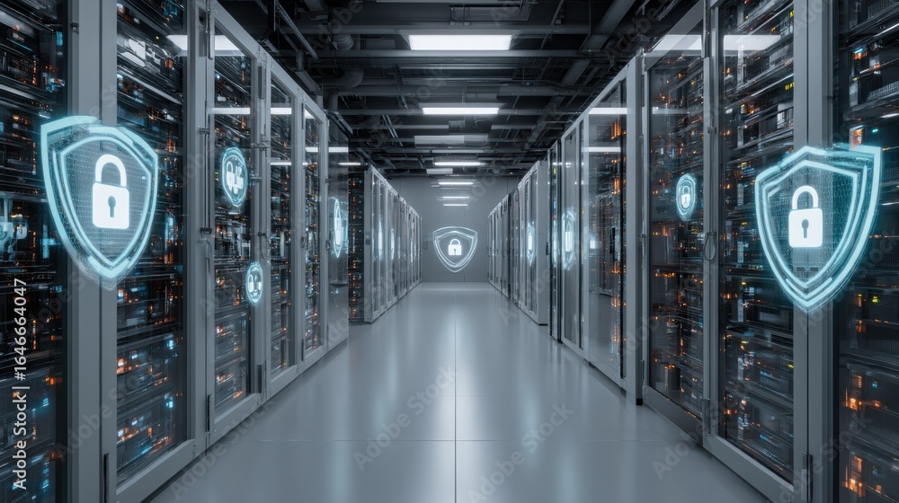 Aufkleber data security center: a perspective shot unveils a high-tech server room, its metallic surfaces glea