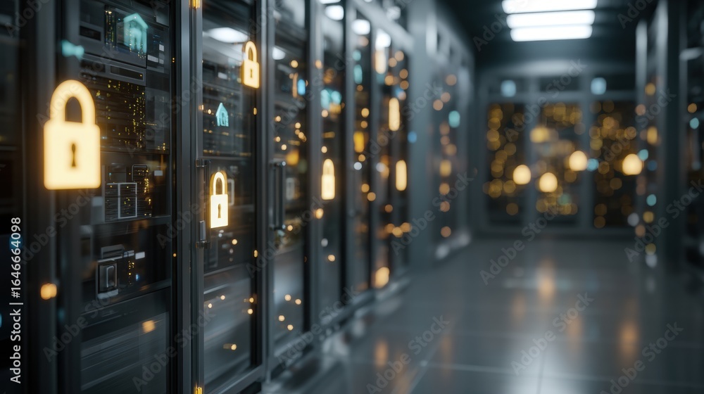 Aufkleber secured server room: a high-tech server room depicts the digital security, with rows of servers illu