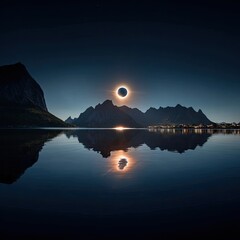 Annular solar eclipse over calm water, reflecting mountains and a ring of fire effect in the dark sky