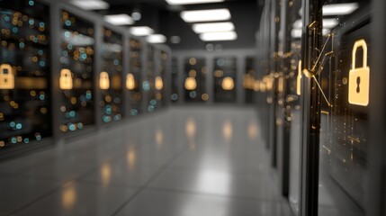 Digital Fortress: Inside a state-of-the-art server room, gleaming servers stand as silent sentinels, adorned with glowing digital lock symbols. The image evokes security, technological prowess.