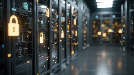 Secured Server Room: A high-tech server room depicts the digital security, with rows of servers illuminated by digital lock icons symbolizing robust data protection in a modern environment.