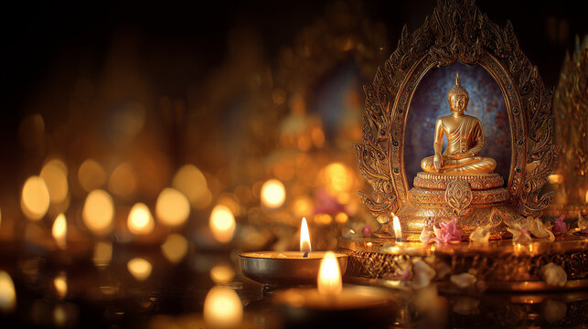 Awk Phansa, golden Buddha statue surrounded by candle offerings