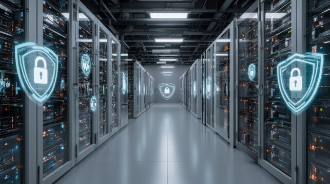 Data Security Center: A perspective shot unveils a high-tech server room, its metallic surfaces gleaming under the subtle light. Digital security shields float strategically.
