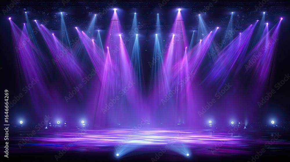 Poster dynamic stage lighting with vibrant purple and blue beams illuminating an empty performance space, c