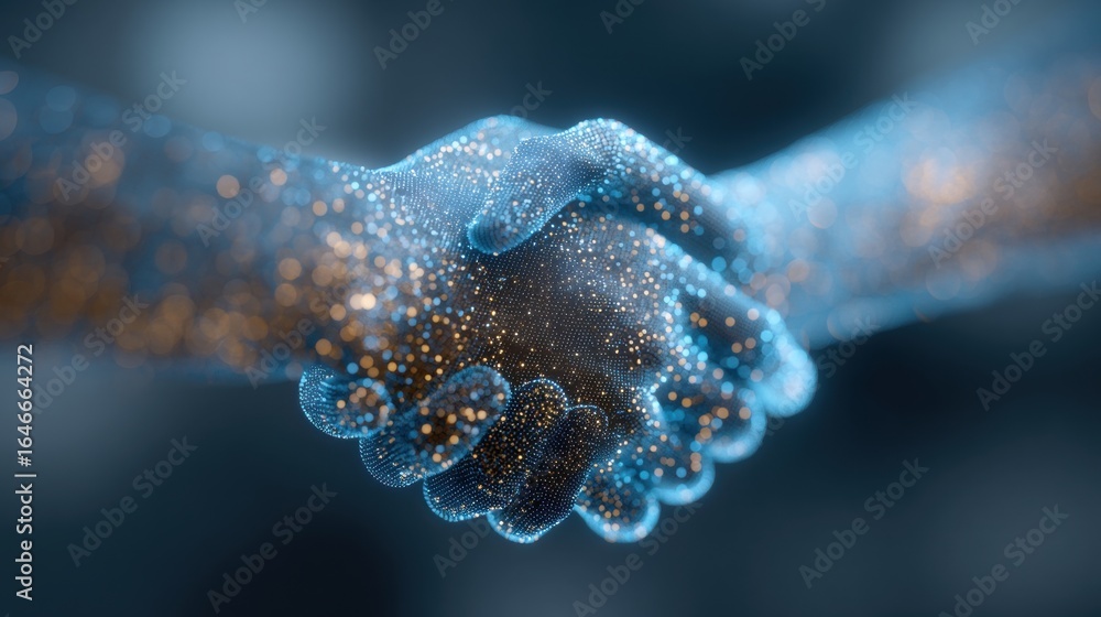 Poster digital embrace: a mesmerizing and artistic view of two hands shaking, representing a bond of unity 