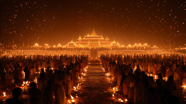 Awk Phansa, illuminated temple with hundreds of candles and devotees gathered
