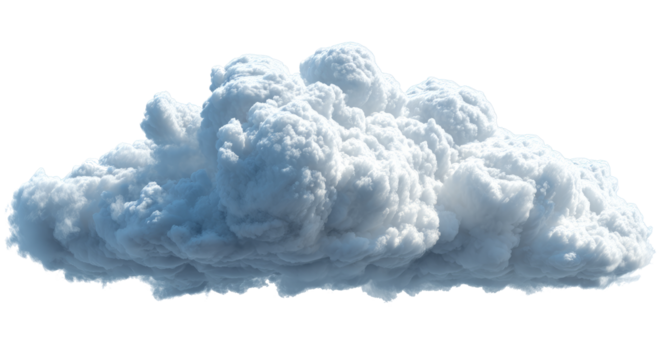 Single fluffy white cumulus cloud isolated on a white background, a concept for weather, sky, or cloud computing