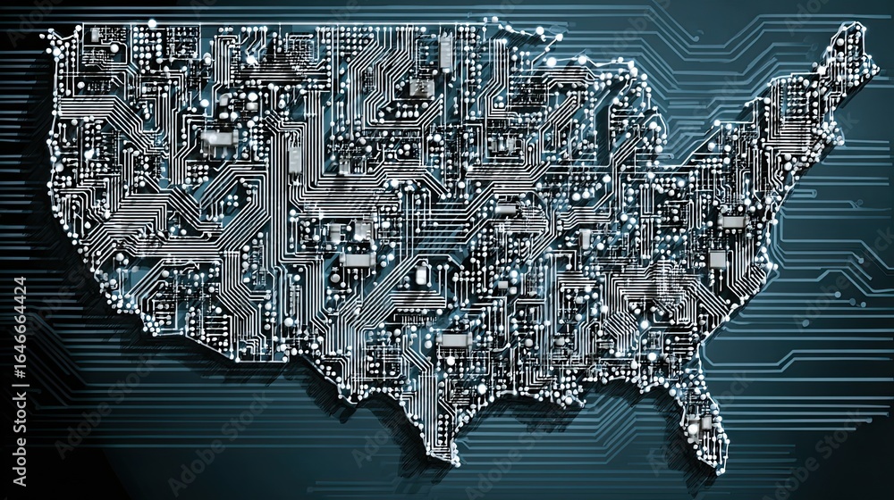 Poster dynamic usa map intricately designed as a glowing digital circuit board symbolizing technological ad