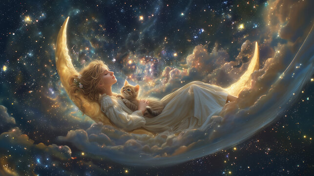 A woman holding a cat sleeping on a crescent moon under a starry sky