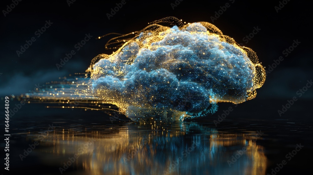 Poster brainwave cloud: an artistic rendering depicts a luminous brain formed by a cloud of particles, sugg