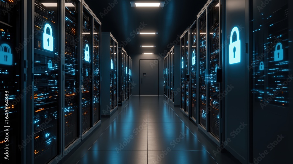 Aufkleber data security: a server room, aglow with digital data streams, emphasizes data security and safety w