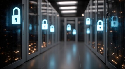 Secure Data Center: A secure data center showcases rows of servers, illuminated by glowing padlock icons, symbolizing data protection and cyber security in a technological environment. 
