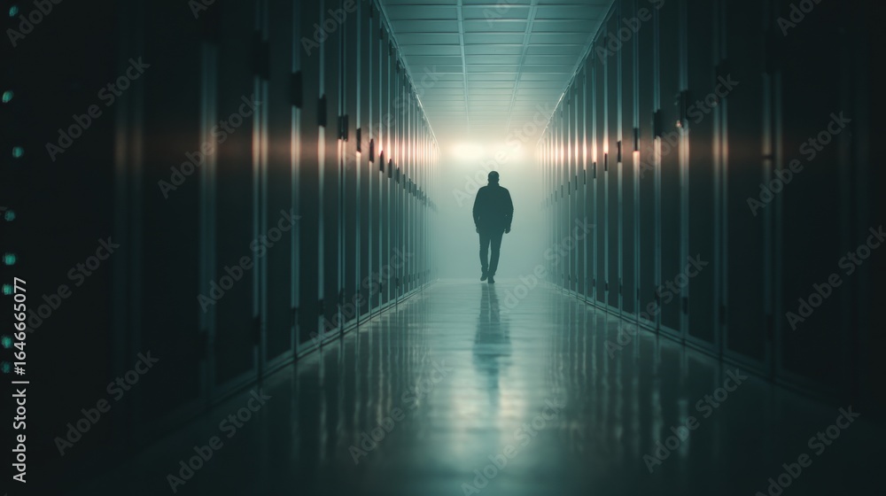 Poster lone figure in data center: a lone figure walks through the cool, illuminated corridor of a cutting-