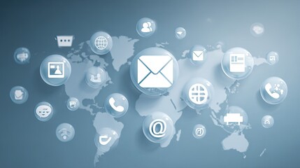 Global communication network connecting people and businesses worldwide through digital icons in transparent bubbles over a world map